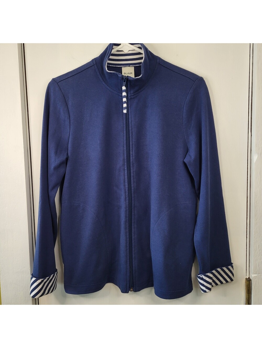 Blair Women's Blue Striped Trim Full Zip sweatshirt Jacket petite Small 2 pocket